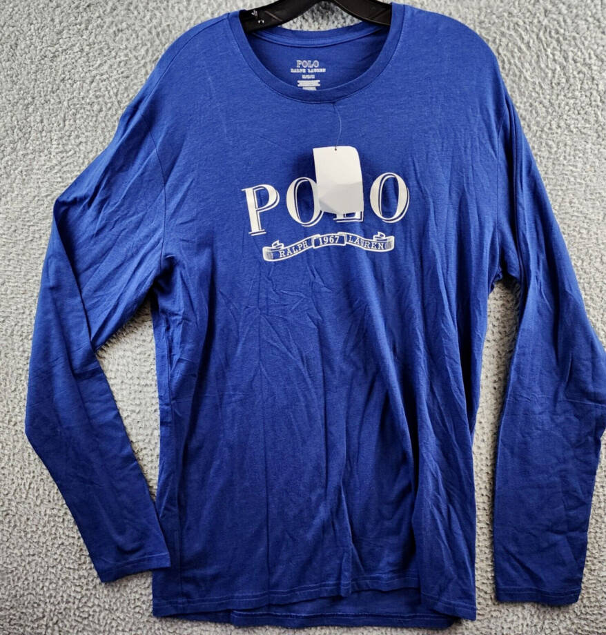 Polo Ralph Lauren Logo-Print Jersey Shirt Men's M Blue Crew Neck Long Sleeve