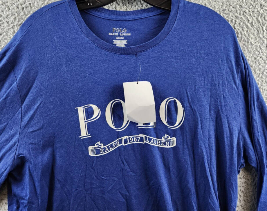 Polo Ralph Lauren Logo-Print Jersey Shirt Men's M Blue Crew Neck Long Sleeve