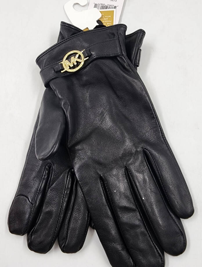 MICHAEL Michael Kors Leather Logo Ornament Gloves Women's XL Black/Gold Elastic~