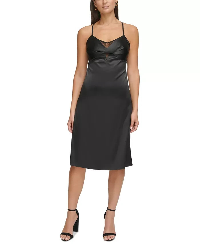 GUESS Lace-Trim Sleeveless Slip Dress Women's 4 Black V-Neck Back Zip Closure