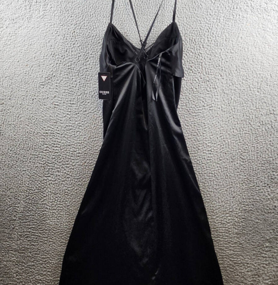 GUESS Lace-Trim Sleeveless Slip Dress Women's 4 Black V-Neck Back Zip Closure