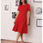 London Times Petite Fit & Flare Scuba Crepe Midi Dress Women's 10P Red Back Zip