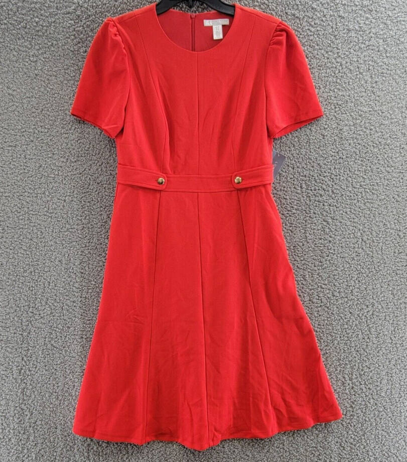 London Times Petite Fit & Flare Scuba Crepe Midi Dress Women's 10P Red Back Zip