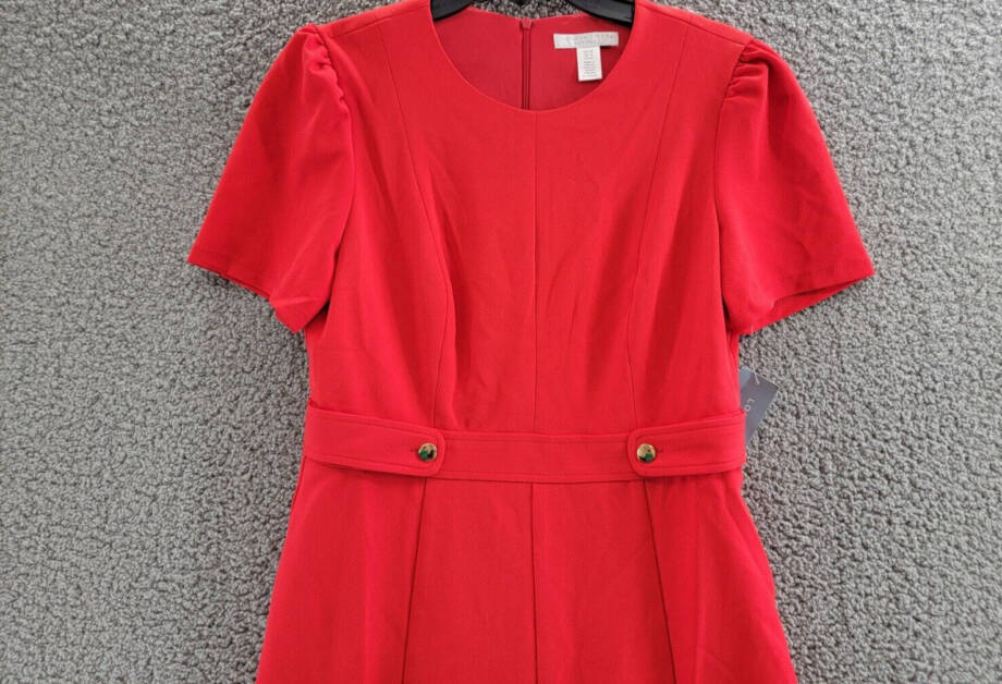 London Times Petite Fit & Flare Scuba Crepe Midi Dress Women's 10P Red Back Zip