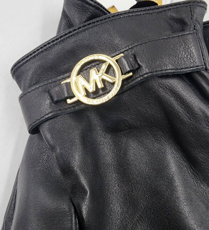 MICHAEL Michael Kors Leather Logo Ornament Gloves Women's XL Black/Gold Elastic~