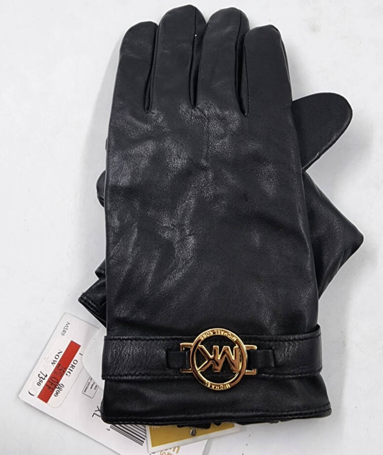 MICHAEL Michael Kors Leather Logo Ornament Gloves Women's XL Black/Gold Elastic~