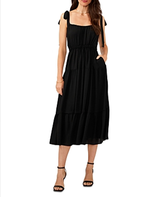 1.STATE Tie Shoulder Midi Dress Women's XXS Rich Black Sleeveless Lined Pullover