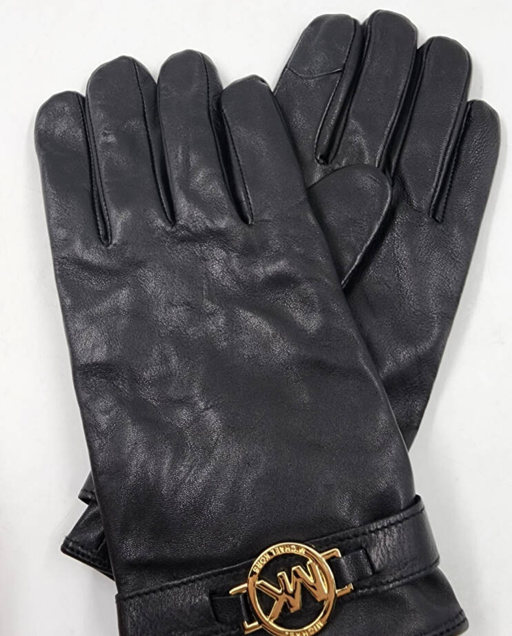 MICHAEL Michael Kors Leather Logo Ornament Gloves Women's XL Black/Gold Elastic~