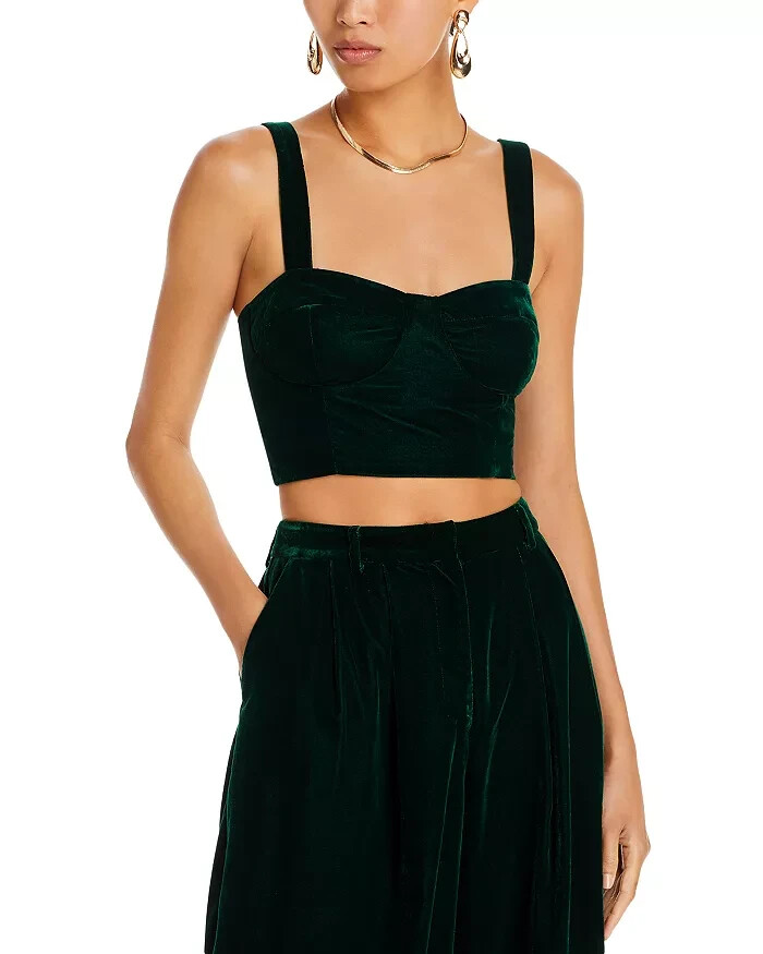Aqua Velvet Cropped Top Women's L Dark Green Sweetheart Neck Side Zip Closure