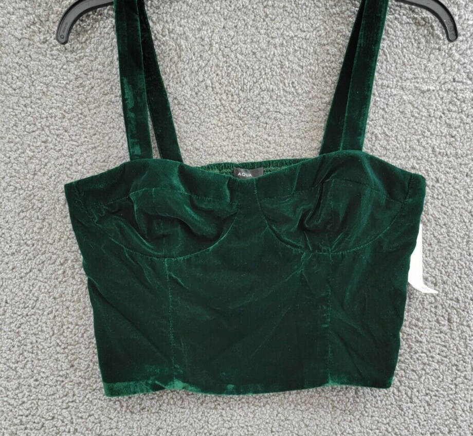 Aqua Velvet Cropped Top Women's L Dark Green Sweetheart Neck Side Zip Closure