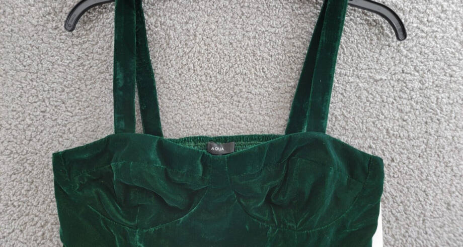 Aqua Velvet Cropped Top Women's L Dark Green Sweetheart Neck Side Zip Closure