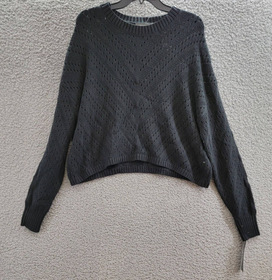 French Connection Long Sleeve Eyelet Sweater Women's L Black Crew Neck Pullover