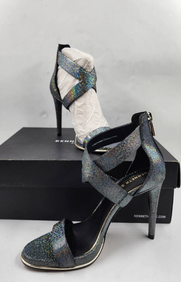 Kenneth Cole Brooke Cross Strap Heeled Sandal Women's 6.5M Pewter Iridescent