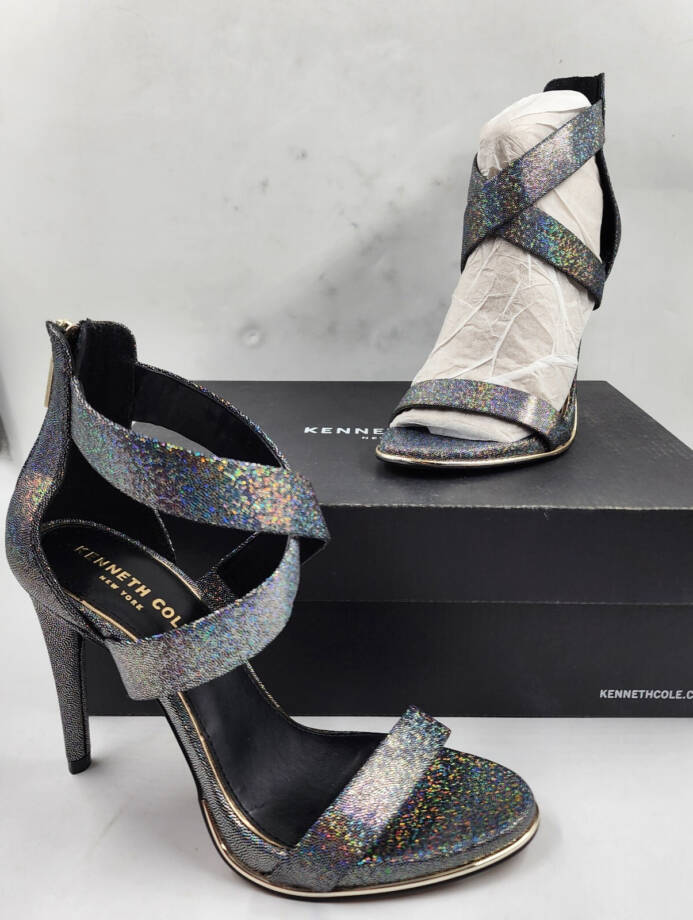 Kenneth Cole Brooke Cross Strap Heeled Sandal Women's 6.5M Pewter Iridescent