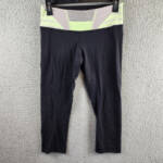 Lululemon Capri Leggings Women's Black Lime Stripe Waist Comfort Stretch