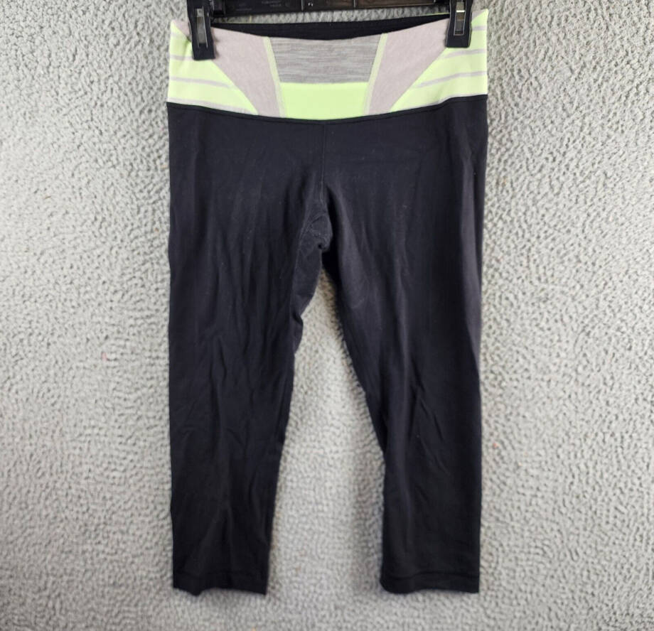Lululemon Capri Leggings Women's Black Lime Stripe Waist Comfort Stretch
