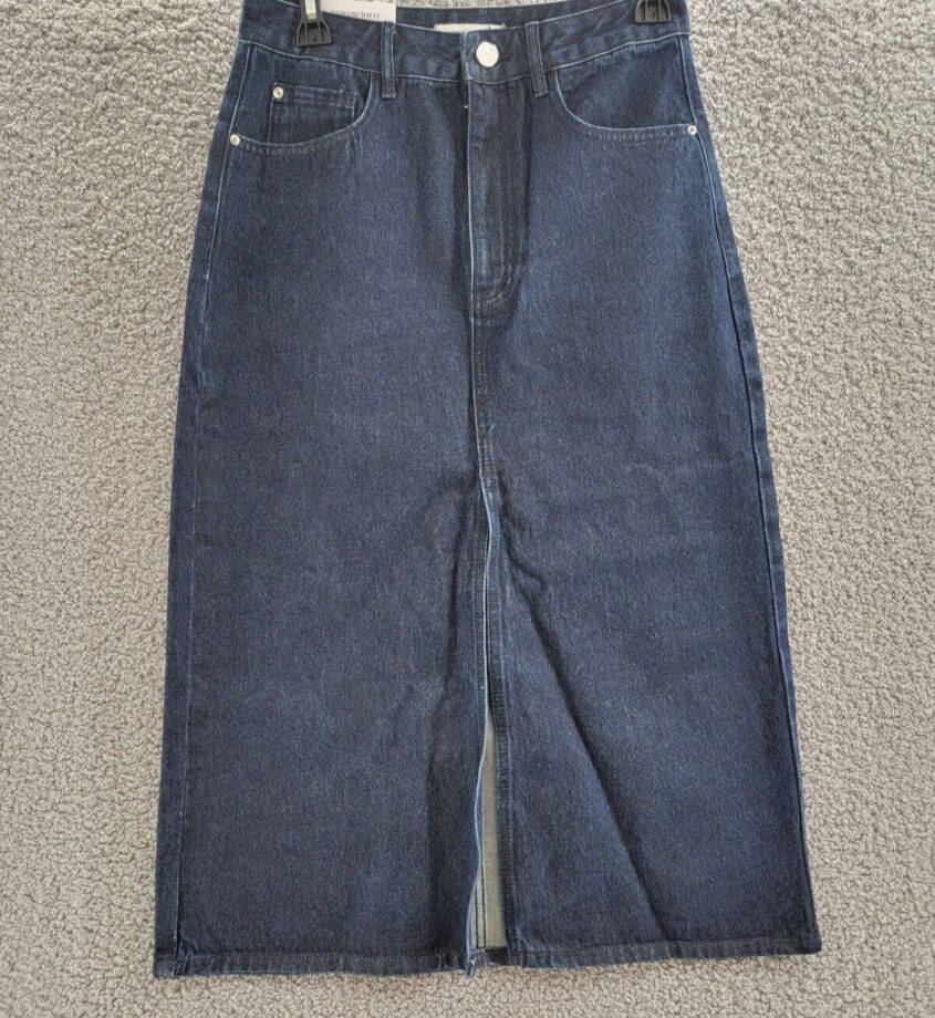 WeWoreWhat Denim Midi Skirt Women's M Raw Wash Front Slit Button Zip Closure