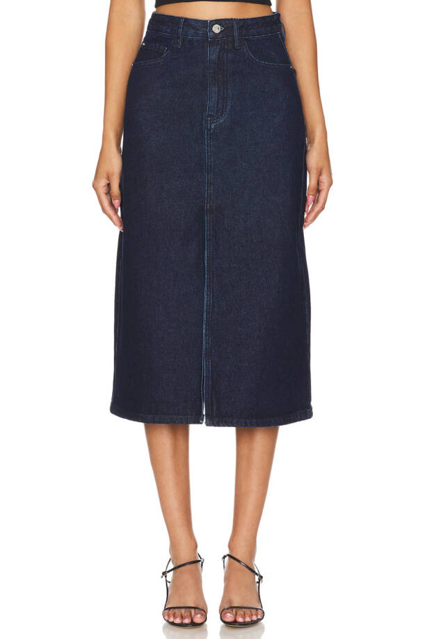 WeWoreWhat Denim Midi Skirt Women's S Raw Wash Front Slit Button Zip Closure