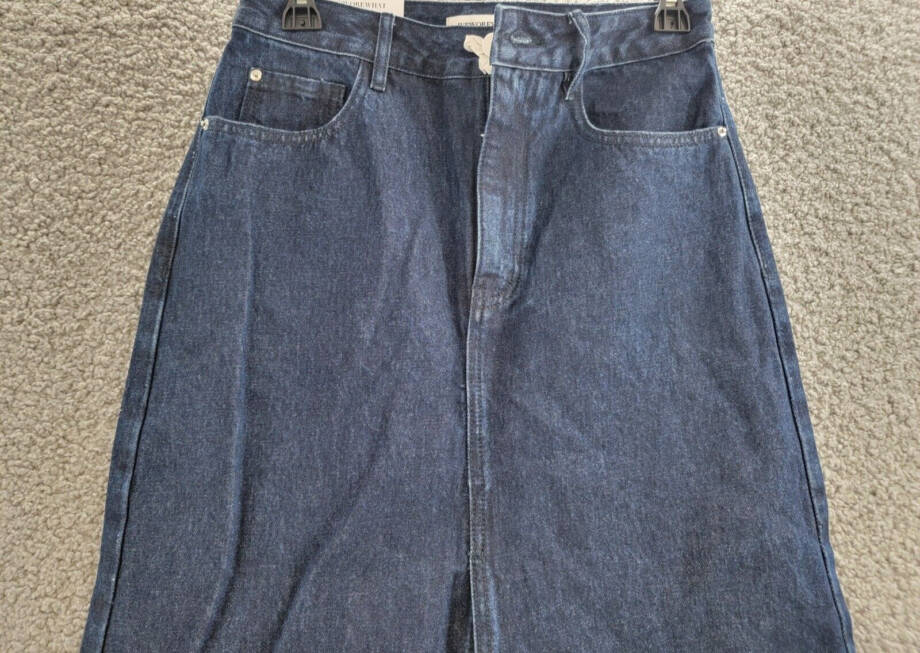 WeWoreWhat Denim Midi Skirt Women's S Raw Wash Front Slit Button Zip Closure