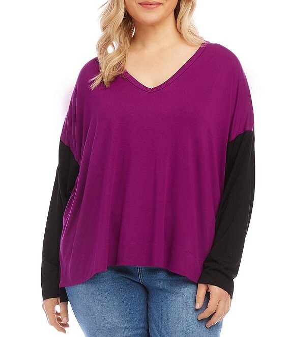 Karen Kane Plus Size Colorblock V-Neck Blouse Women's 3X Magenta and Black L/S~