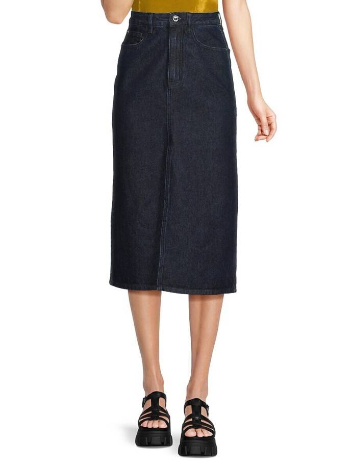 WeWoreWhat Denim High Rise MIDI Skirt Womens XS Raw Wash 5-pocket Button Closure