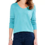 NIC+ZOE Petite Vital Sweater Women's PP Aquamarine V-Neck Long Sleeves Pullover~