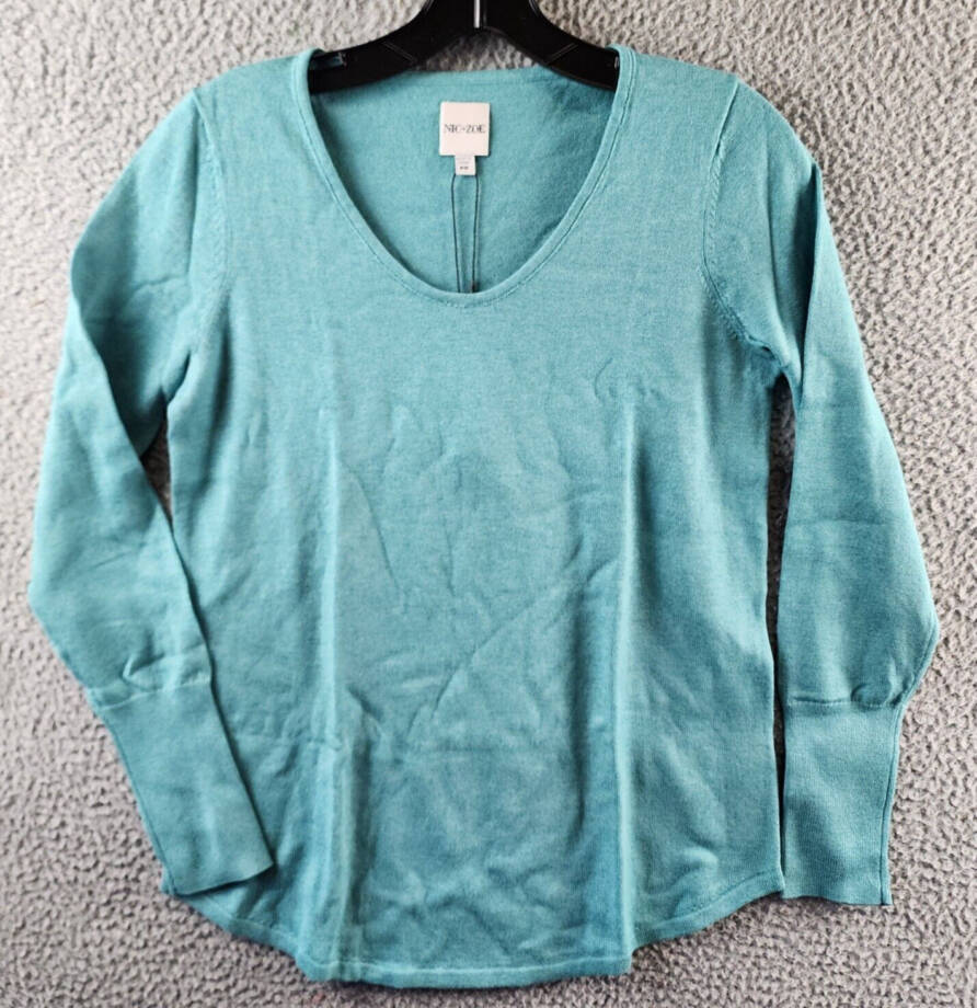 NIC+ZOE Petite Vital Sweater Women's PP Aquamarine V-Neck Long Sleeves Pullover~