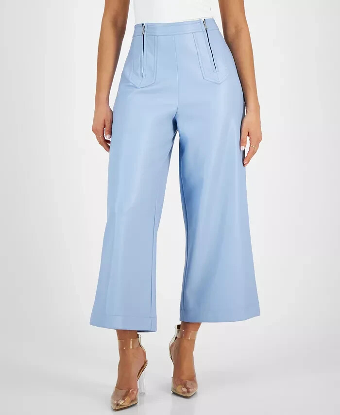 Avec Les Filles Double Front-Zip Wide-Leg Faux-Leather Pants Womens 4 Slate Blue