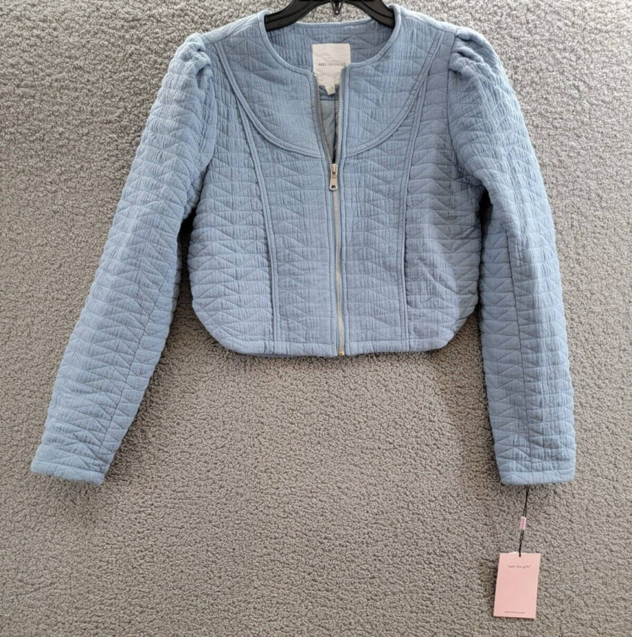 Avec Les Filles Quilted Puff-Shoulder Zip-Front Jacket Women's XS Dusty Blue