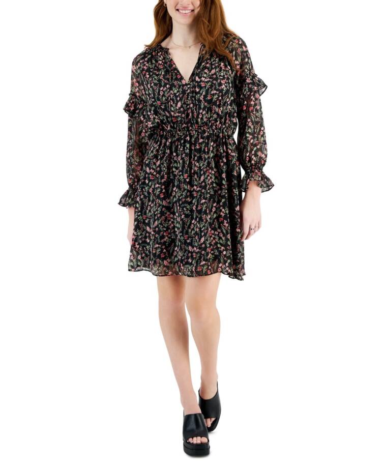 Lucy Paris Imelda Floral Print Shift Dress Women's M Black/Pink Multi Split Neck