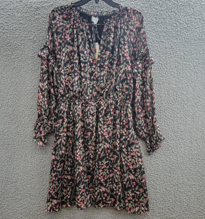 Lucy Paris Imelda Floral Print Shift Dress Women's M Black/Pink Multi Split Neck