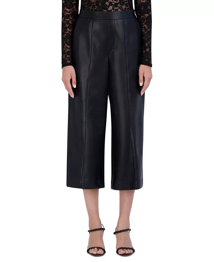 BCBG NEW YORK Faux-Leather Cropped Pants Women's 12 Onyx Slash Pockets Pull On
