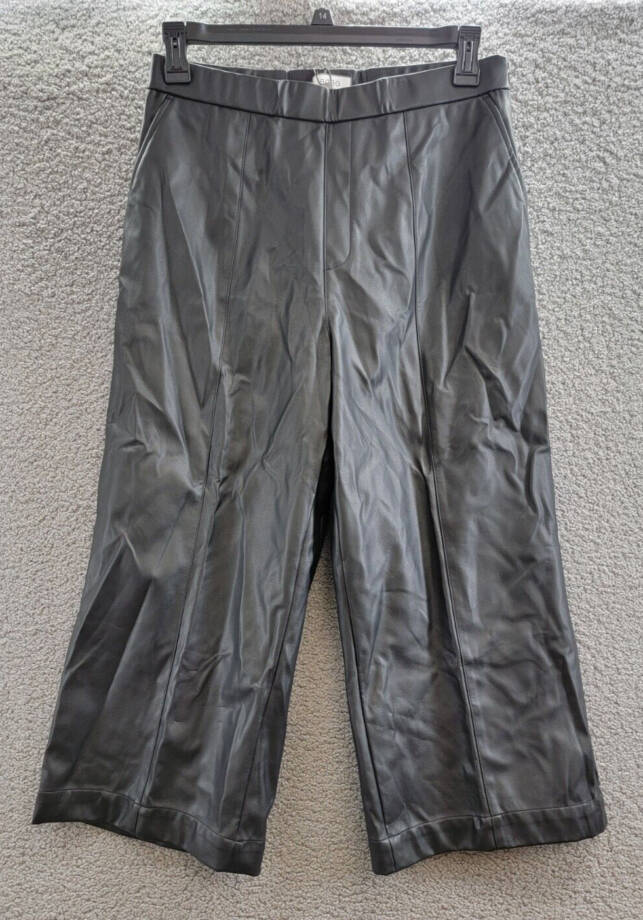 BCBG NEW YORK Faux-Leather Cropped Pants Women's 12 Onyx Slash Pockets Pull On