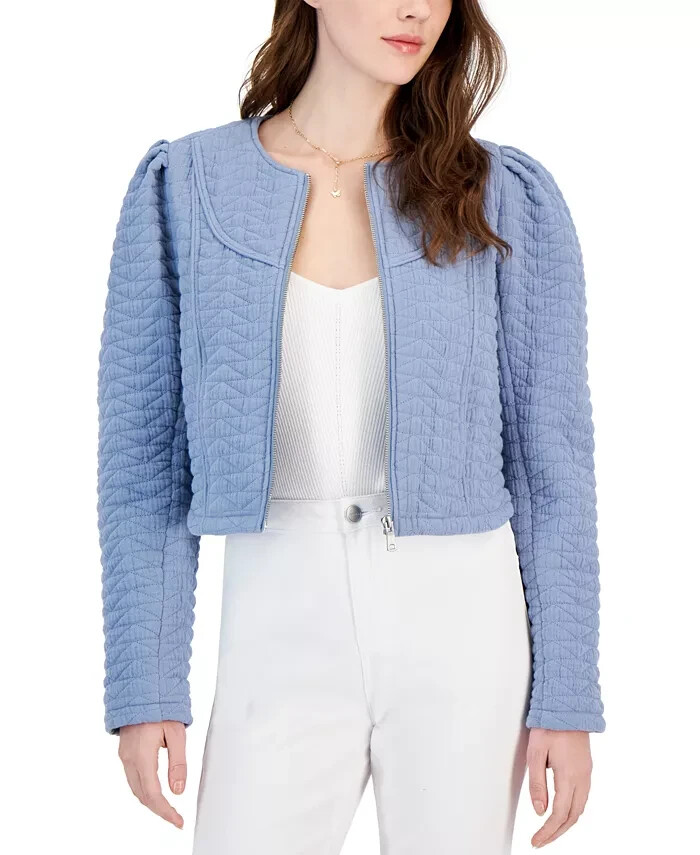 Avec Les Filles Quilted Puff-Shoulder Zip-Front Jacket Women's L Dusty Blue L/S