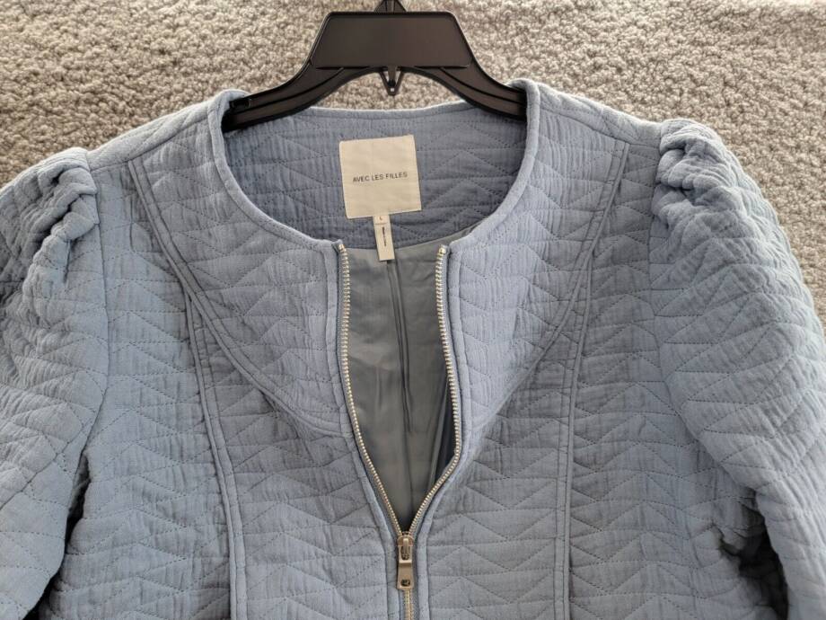 Avec Les Filles Quilted Puff-Shoulder Zip-Front Jacket Women's L Dusty Blue L/S