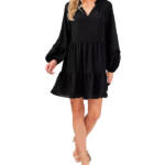 CeCe Clip Dot Ruffled Mini Dress Women's XS Black V-Neck Long Sleeve Pullover