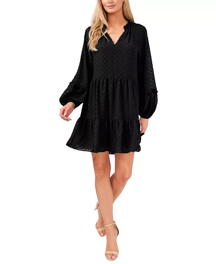 CeCe Clip Dot Ruffled Mini Dress Women's XS Black V-Neck Long Sleeve Pullover