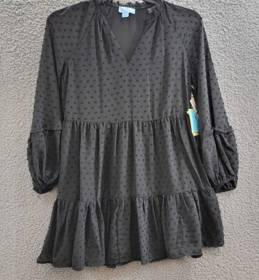 CeCe Clip Dot Ruffled Mini Dress Women's XS Black V-Neck Long Sleeve Pullover
