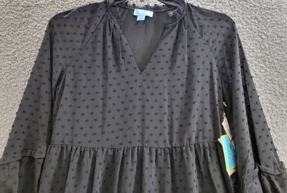CeCe Clip Dot Ruffled Mini Dress Women's XS Black V-Neck Long Sleeve Pullover