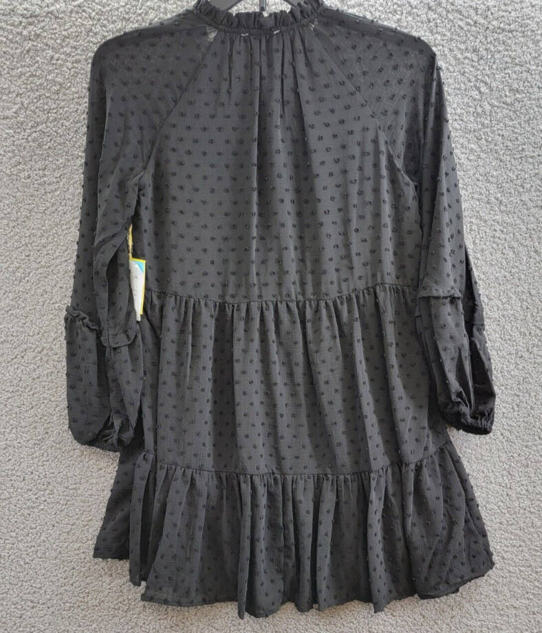 CeCe Clip Dot Ruffled Mini Dress Women's XS Black V-Neck Long Sleeve Pullover