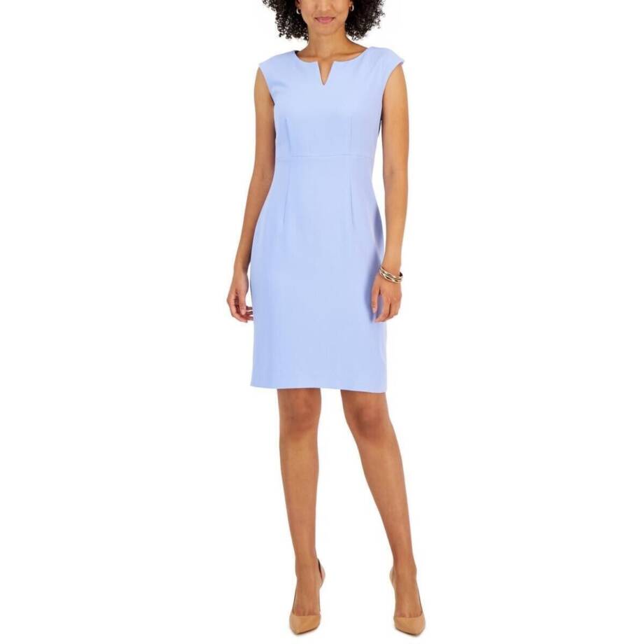 Kasper Petite Notched-Neck Sheath Dress Women's 8P Light Blue Back Zip Closure
