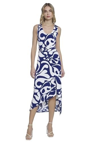 Donna Morgan Printed Wrap-Waist Asymmetric Dress Women's 2 Navy/Soft White