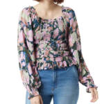 Sam Edelman Misha Printed Smocked Ruffle Top Womens L Multi Long Sleeve Pullover