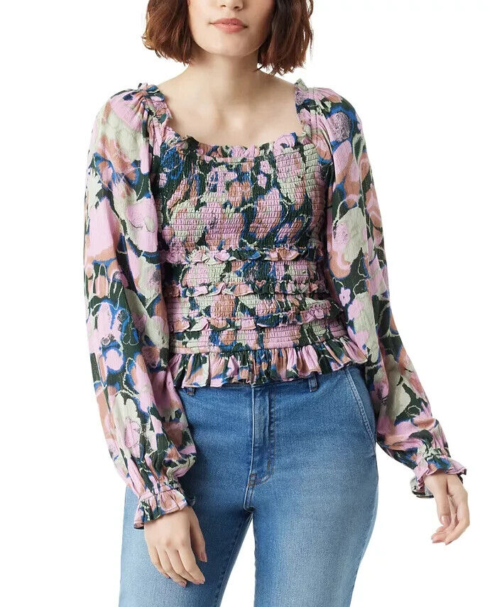 Sam Edelman Misha Printed Smocked Ruffle Top Womens L Multi Long Sleeve Pullover