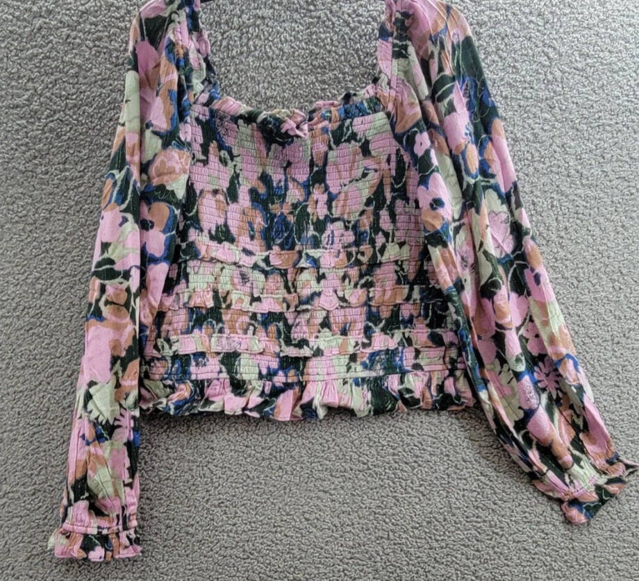 Sam Edelman Misha Printed Smocked Ruffle Top Womens L Multi Long Sleeve Pullover