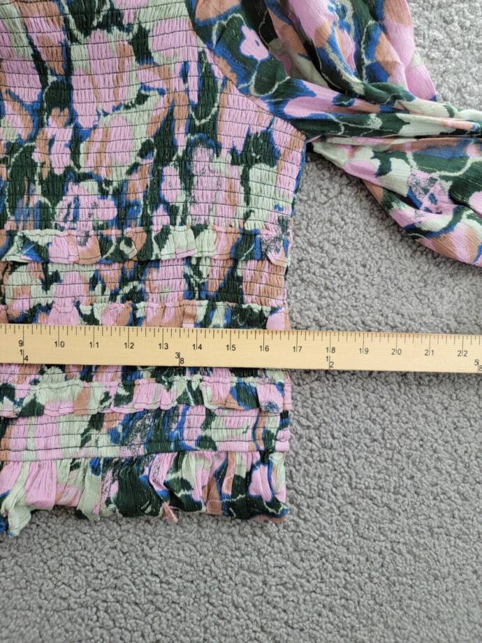 Sam Edelman Misha Printed Smocked Ruffle Top Womens L Multi Long Sleeve Pullover