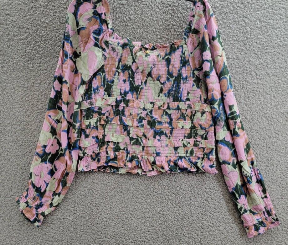 Sam Edelman Misha Printed Smocked Ruffle Top Womens L Multi Long Sleeve Pullover