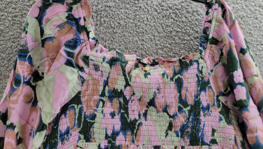 Sam Edelman Misha Printed Smocked Ruffle Top Womens L Multi Long Sleeve Pullover