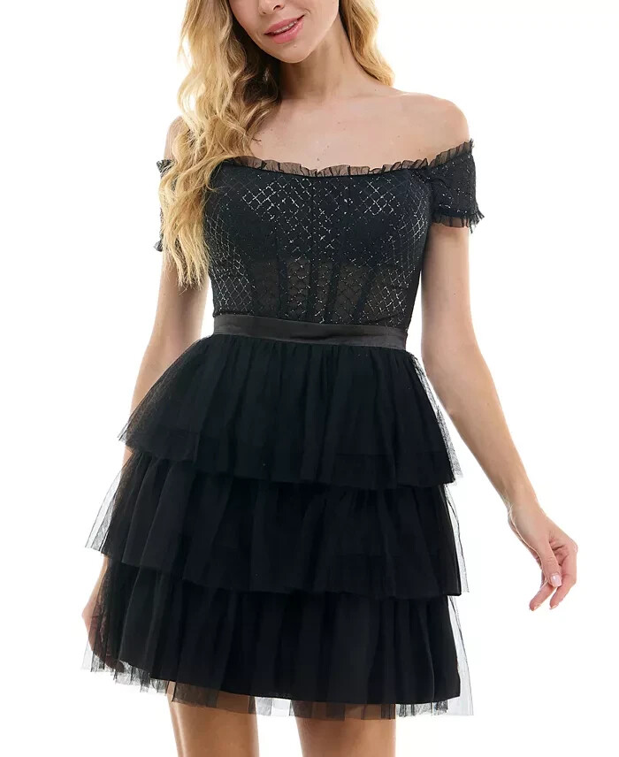 City Studio Tiered Mesh Off-The-Shoulder Fit & Flare Dress Juniors' 9/10 Black
