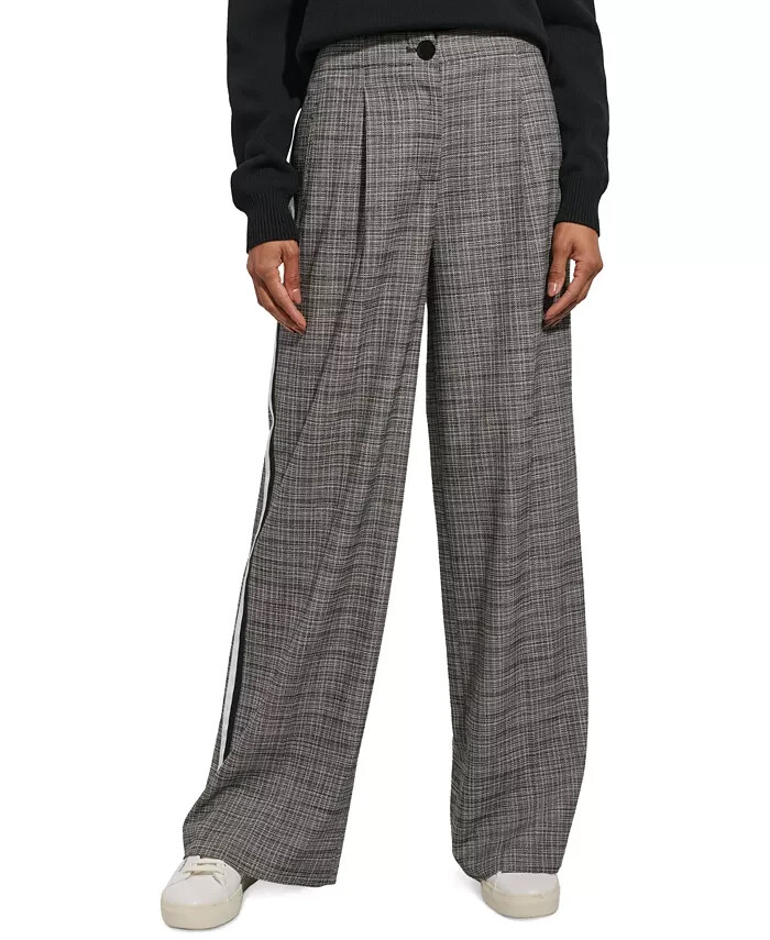 KARL LAGERFELD PARIS Plaid Side-Stripe Wide-Leg Pants Women's 10 Gray Multi